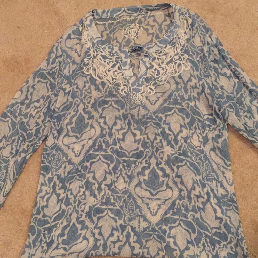 Sheer print teal/ivory design in white embroidery